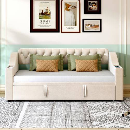 Canapé-lit 90x190 Cm Avec Structure Convertible Tissu Velours Beige