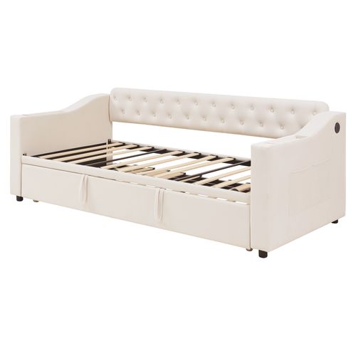 Canapé-lit 90x190 Cm Avec Structure Convertible Tissu Velours Beige