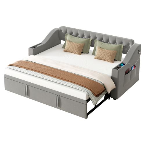 Canapé-lit 90x190 Cm Avec Structure Extensible Tissu Velours Gris