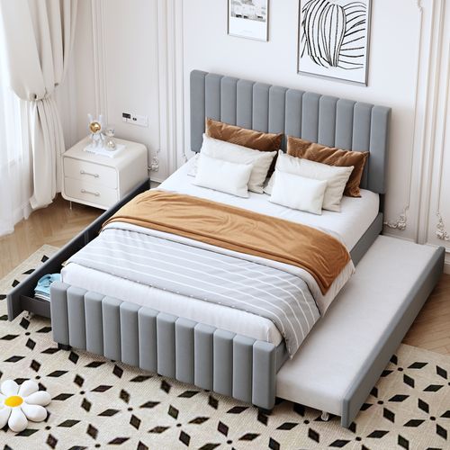 Lit Gigogne140x190 Cm Avec 2 Tiroirs Tissu Velours Gris