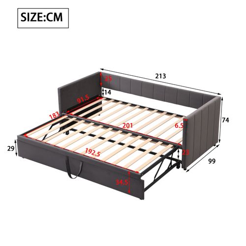 Lit Structure Gigogne 90x200 Cm Avec Mdf Tissu Velours Gris