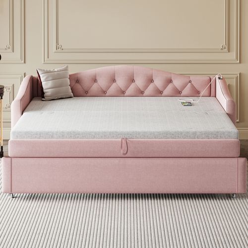 Canapé-lit 90x200 Cm Avec Sommier à Lattes Tissu Rose