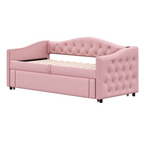 Canapé-lit 90x200 Cm Avec Sommier à Lattes Tissu Rose