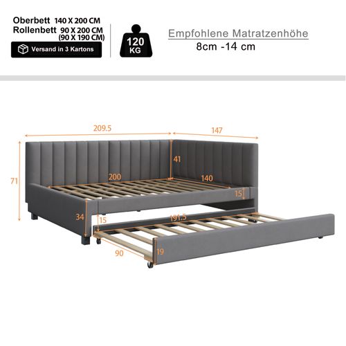 Lit Gigogne 140x200 Cm Avec  Tissu Velours Gris