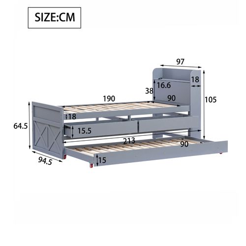 Lit Gigogne 90x190 Cm Avec  Structure En Bois Massif Gris