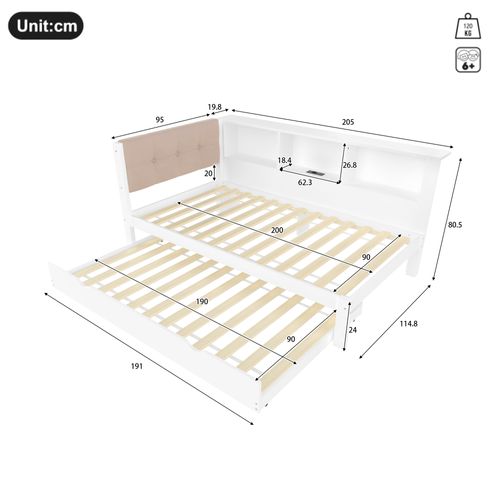 Lit Gigogne 90x200 Cm Avec  Couchage Extensible Blanc