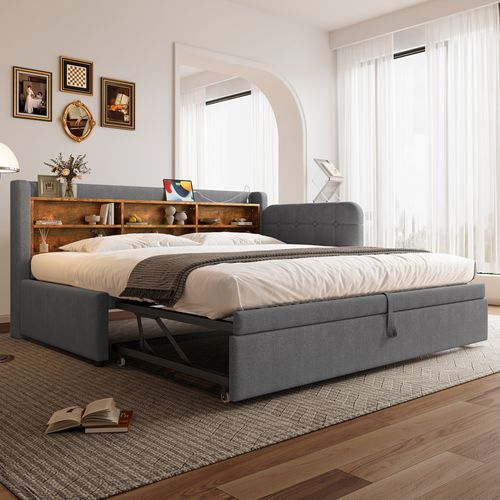 Lit Gigogne 90x200 Cm Avec Tête De Lit à Boutons Grise