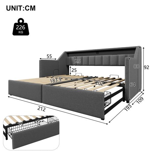 Lit Gigogne 90x200 Cm Avec Tête De Lit Avec Ports USB/type-c Gris