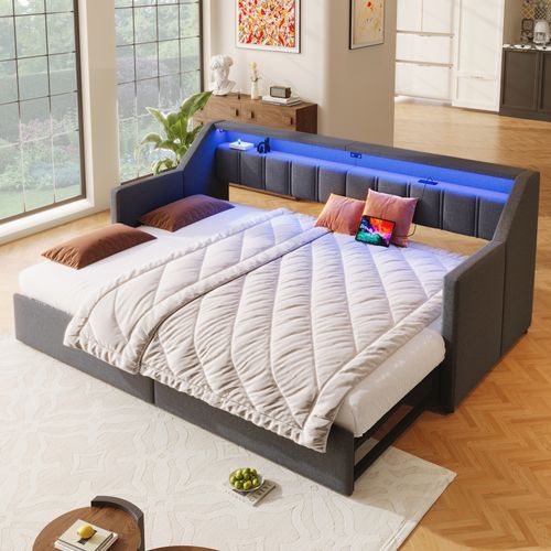 Lit Gigogne 90x200 Cm Avec Tête De Lit Avec Ports USB/type-c Gris