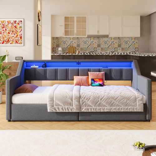 Lit Gigogne 90x200 Cm Avec Tête De Lit Avec Ports USB/type-c Gris