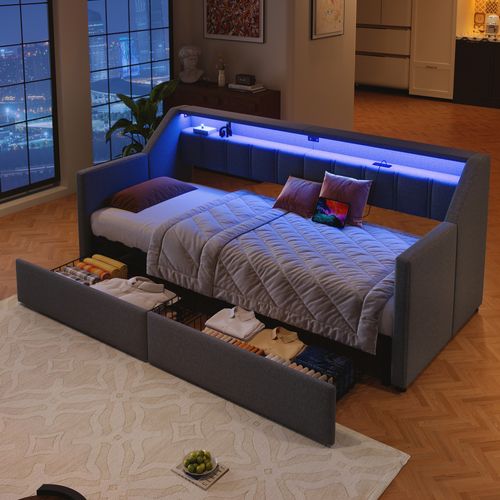 Lit Gigogne 90x200 Cm Avec Tête De Lit Avec Ports USB/type-c Gris