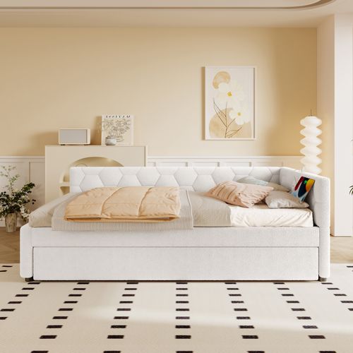 Lit Gigogne 90x200 Cm Avec Sommier à Lattes Velours Blanc