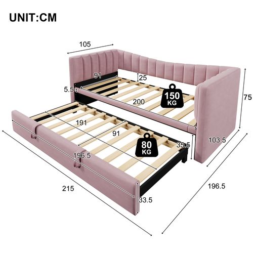 Lit Gigogne 90x200 Cm Avec  Réglable Velours Rose