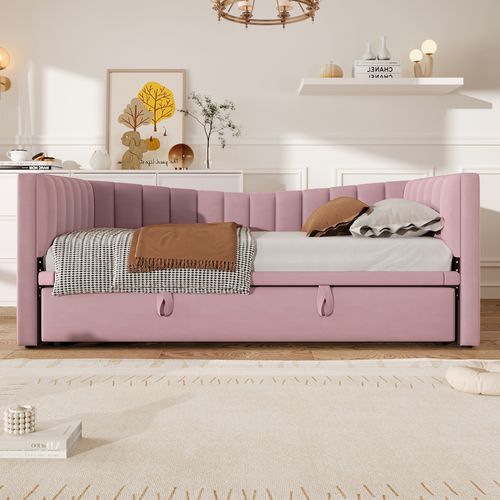 Lit Gigogne 90x200 Cm Avec  Réglable Velours Rose