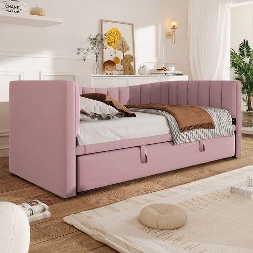 Lit Gigogne 90x200 Cm Avec  Réglable Velours Rose