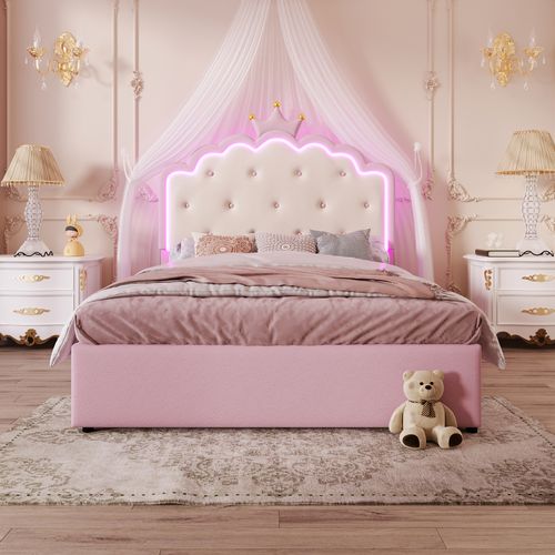 Lit Gigogne 140x200 Cm Avec  Sommier à Lattes Éclairage LED Rose