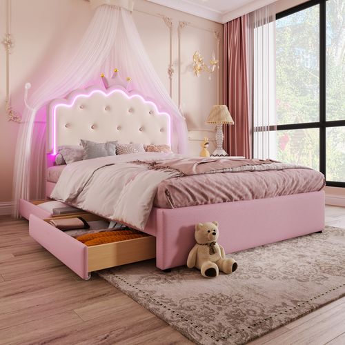 Lit Gigogne 140x200 Cm Avec  Sommier à Lattes Éclairage LED Rose