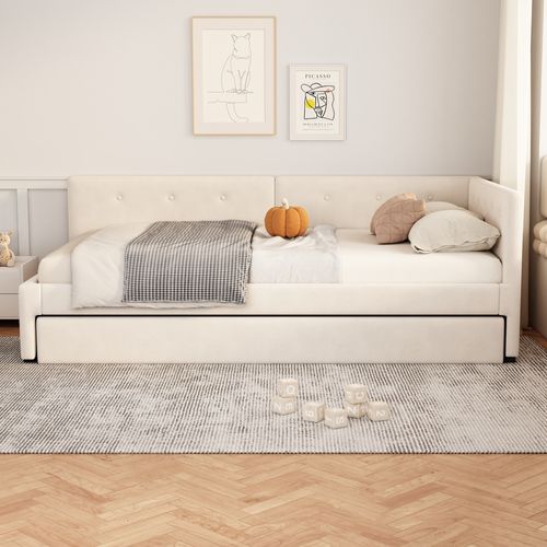 Lit Gigogne 90x200 Cm Avec   Coulissant Tissu Beige