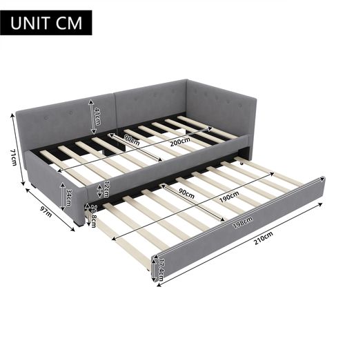 Lit Gigogne 90x200 Cm Avec   En Velours Gris