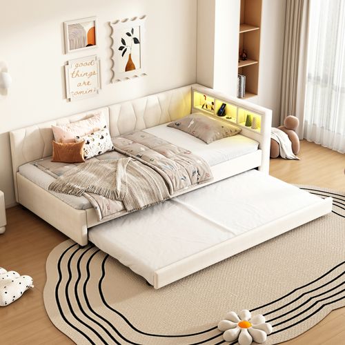 Lit Simple 90x200 Cm Avec Lit Gigogne Tête De Lit Avec Rangements Beige