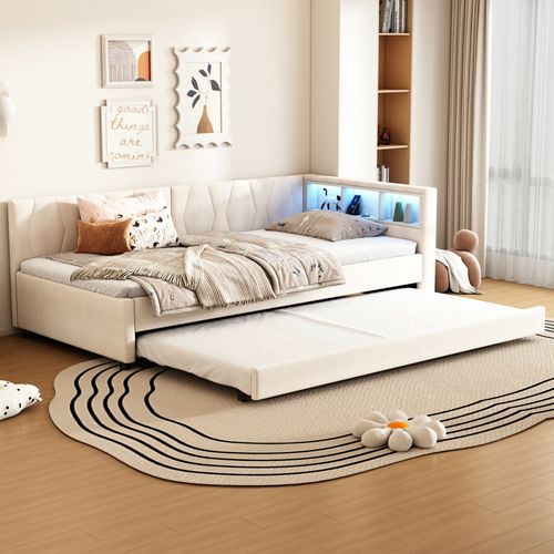 Lit Simple 90x200 Cm Avec Lit Gigogne Tête De Lit Avec Rangements Beige