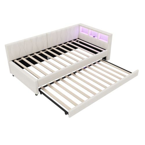 Lit Simple 90x200 Cm Avec Lit Gigogne Tête De Lit Avec Rangements Beige