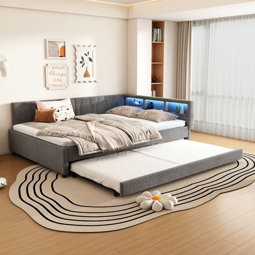 Lit Double 140x200 Cm Avec Structure En Lin Et Mdf Éclairage LED