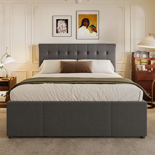 Lit Coffre 140x200 Cm Avec Lit Gigogne Et 3 Tiroirs Tissu Gris