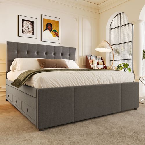 Lit Coffre 140x200 Cm Avec Lit Gigogne Et 3 Tiroirs Tissu Gris