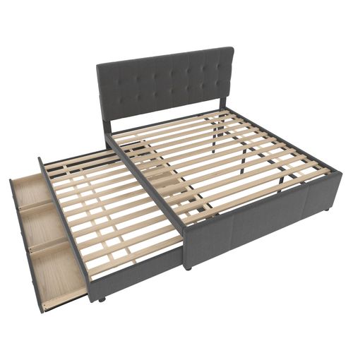 Lit Coffre 140x200 Cm Avec Lit Gigogne Et 3 Tiroirs Tissu Gris