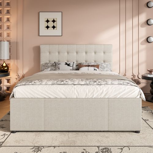 Lit Coffre 140x200 Cm Avec Lit Gigogne Tissu Beige