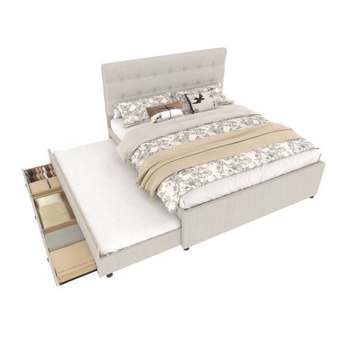 Lit Coffre 140x200 Cm Avec Lit Gigogne Tissu Beige