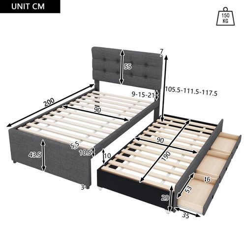 Lit Coffre 90x200 Cm Avec Lit Gigogne Et 3 Tiroirs Tissu Gris