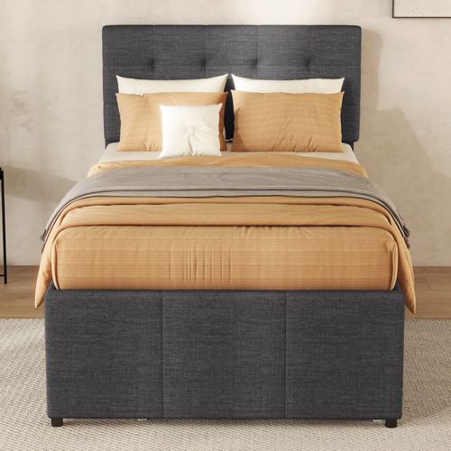 Lit Coffre 90x200 Cm Avec Lit Gigogne Et 3 Tiroirs Tissu Gris