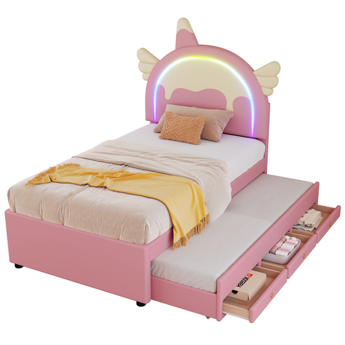 Lit Simple 90x200 Cm Avec Lit Gigogne à Roulettes Forme Licorne Rose