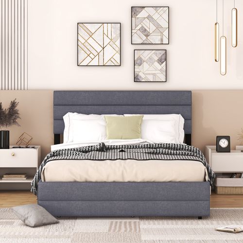 Lit Double 140x200 Cm Avec Lit Gigogne Et 2 Tiroirs Tissu Gris