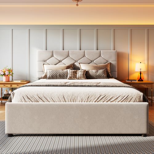 Lit Rembourré 140x200 Cm Avec Sommier à Lattes Tête De Lit à Boutons