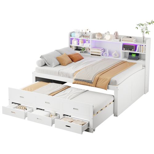 Lit Double 140x200 Cm Avec Lit Gigogne Blanc