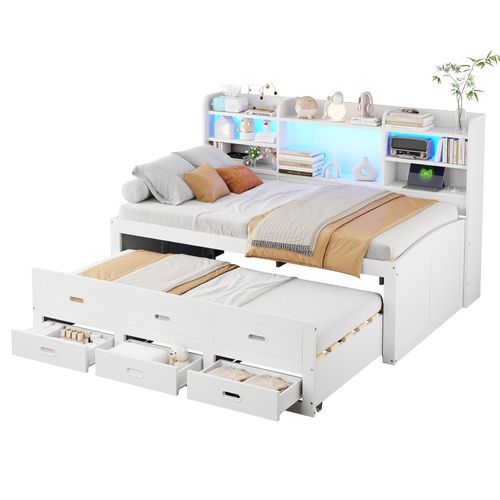 Lit Simple 90x200 Cm Avec Lit Gigogne Et LED Blanc