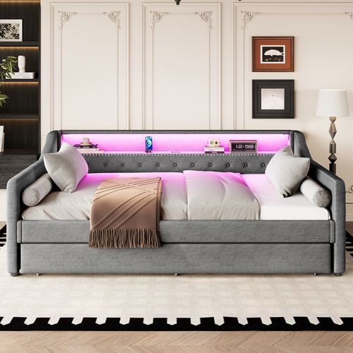 Lit Simple 90x200 Cm Avec Sommier à Lattes Tiroir-lit Tissu Gris