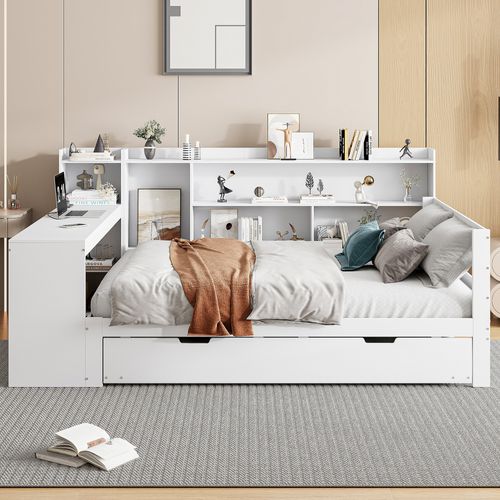 Lit Double 140x200 Cm Avec Lit Gigogne Multifonction Blanc