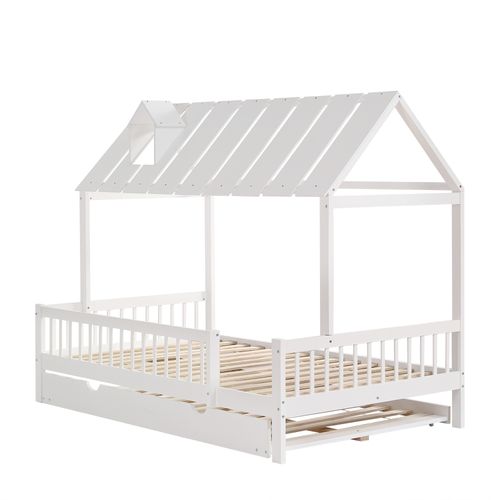Lit Double 120x200 Cm Avec Structure En Bois Et Lit Gigogne Blanc