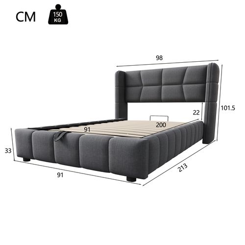 Lit Coffre 90x200 Cm Avec Structure En Métal Tissu Gris