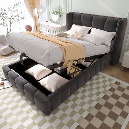 Lit Coffre 90x200 Cm Avec Structure En Métal Tissu Gris