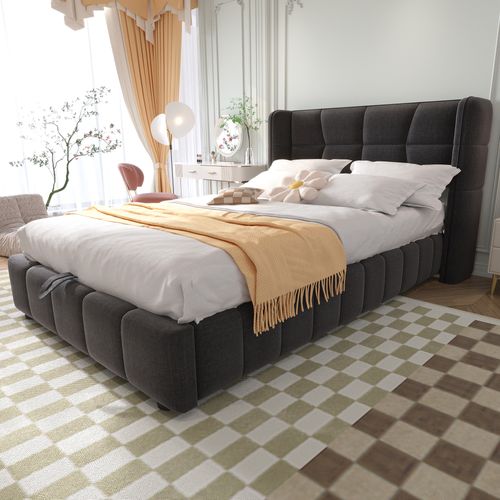 Lit Coffre 90x200 Cm Avec Structure En Métal Tissu Gris