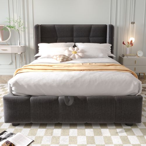 Lit Coffre 90x200 Cm Avec Structure En Métal Tissu Gris