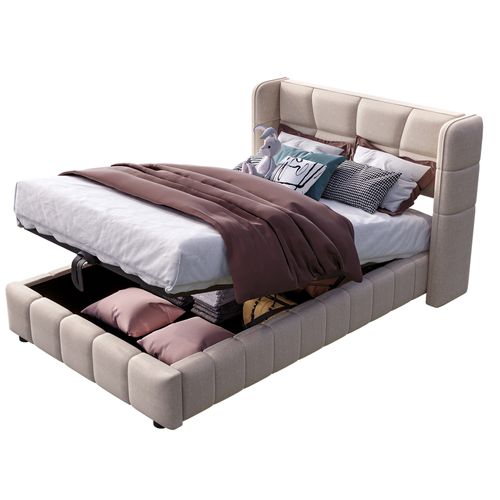 Lit Coffre 90x200 Cm Avec Structure En Métal Tissu Beige