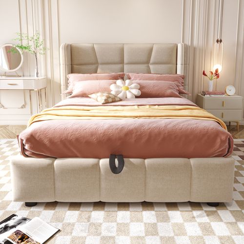 Lit Coffre 90x200 Cm Avec Structure En Métal Tissu Beige