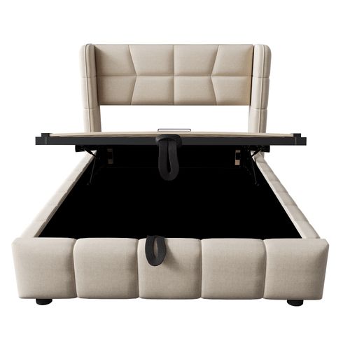 Lit Coffre 90x200 Cm Avec Structure En Métal Tissu Beige