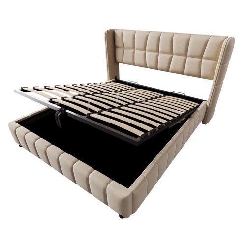 Lit Coffre 180x200 Cm Avec Cadre Métallique Tissu Beige